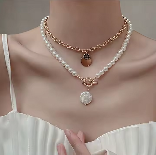 European American Women's Double-Layer Geometric Disc Bead Necklace Versatile Imitation Baroque Pearl Shell Pendant Party Alloy